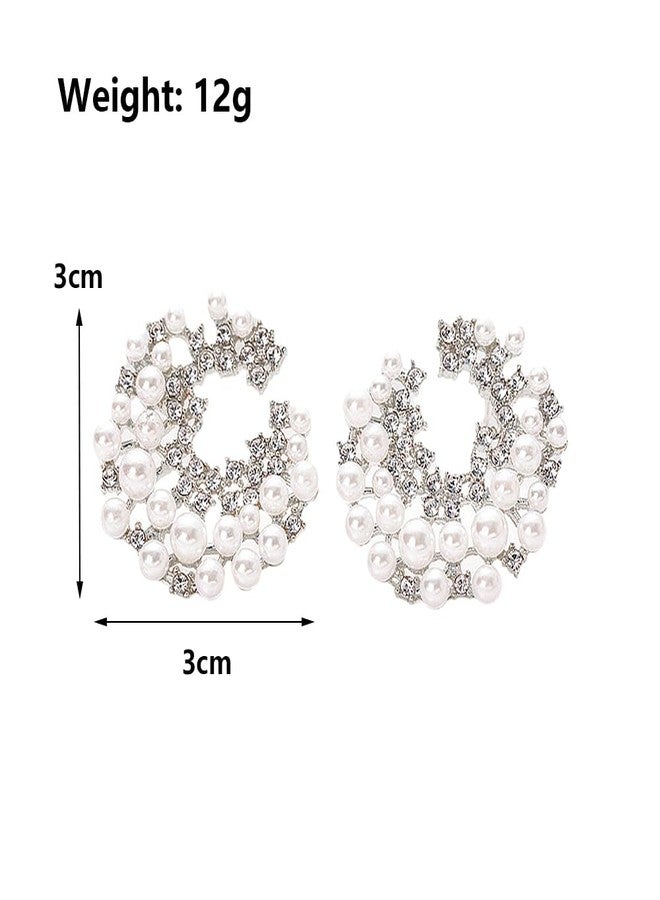Uarein Trendy Pearl Earring for Women Dainty 14K Gold Cubic Zirconia Pearl Drop Earrings Chunky Statement Earrings Vintage Wedding Banquet Jewelry Presents (Silver) - Image 3